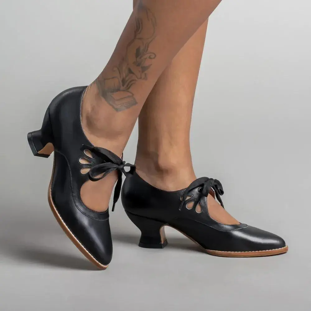 Vintage Mary Jane Heels – Retro Lace-Up Cutout Dress Shoes for Women - Image 4